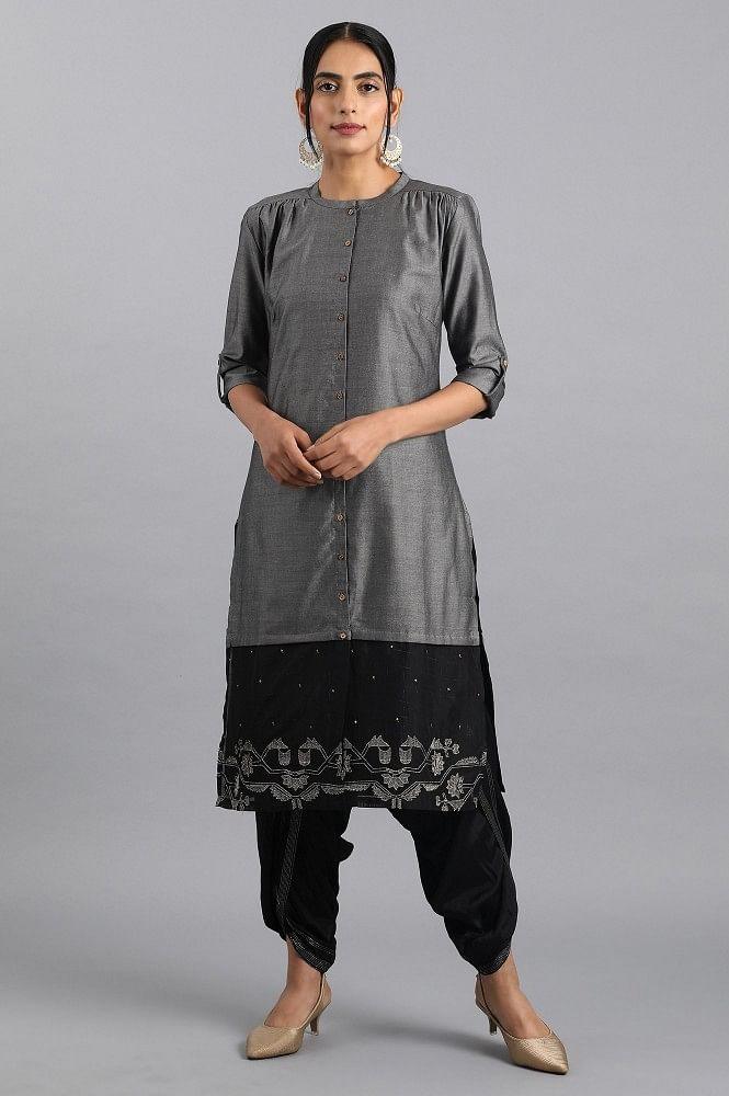 Grey Mandarin Neck Chanderi kurta - wforwoman