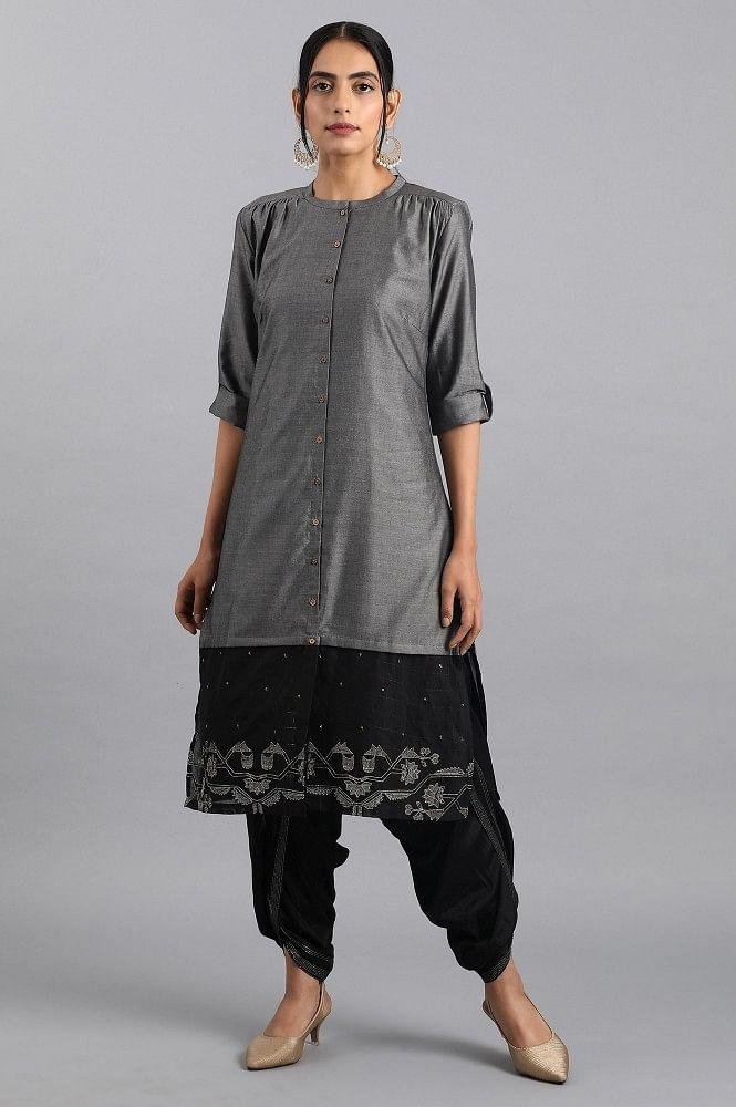 Grey Mandarin Neck Chanderi kurta - wforwoman