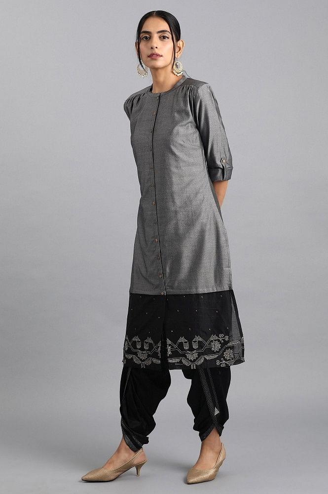 Grey Mandarin Neck Chanderi kurta - wforwoman