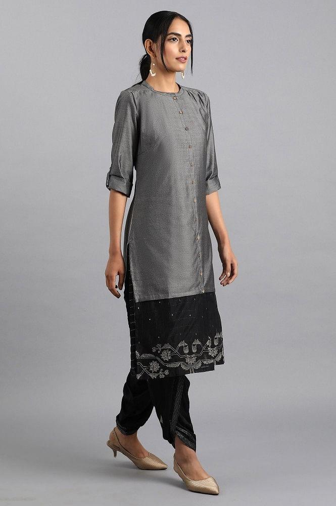 Grey Mandarin Neck Chanderi kurta - wforwoman