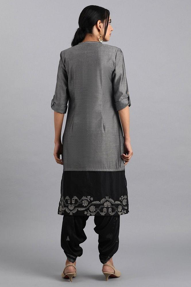 Grey Mandarin Neck Chanderi kurta - wforwoman