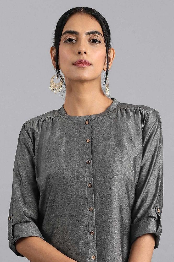 Grey Mandarin Neck Chanderi kurta - wforwoman