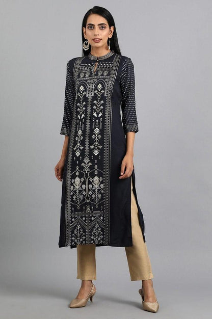 Blue Mandarin Neck Printed kurta - wforwoman