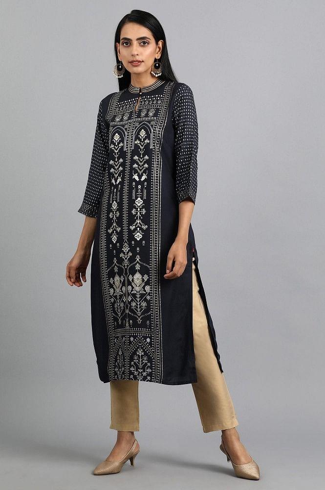 Blue Mandarin Neck Printed kurta - wforwoman