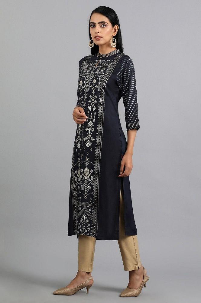 Blue Mandarin Neck Printed kurta - wforwoman