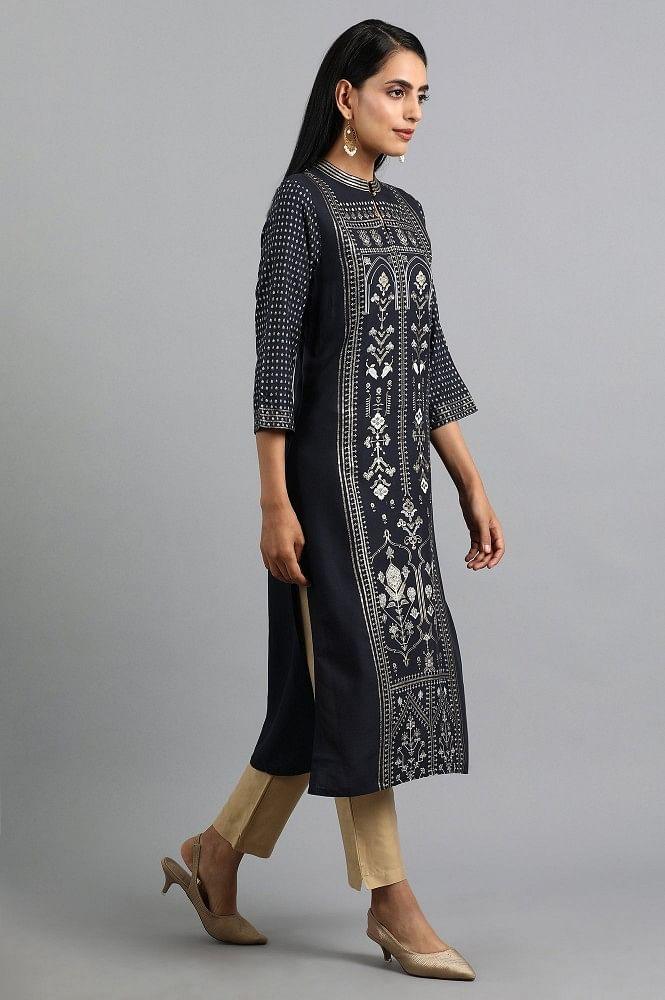 Blue Mandarin Neck Printed kurta - wforwoman