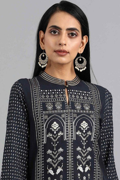 Blue Mandarin Neck Printed kurta - wforwoman