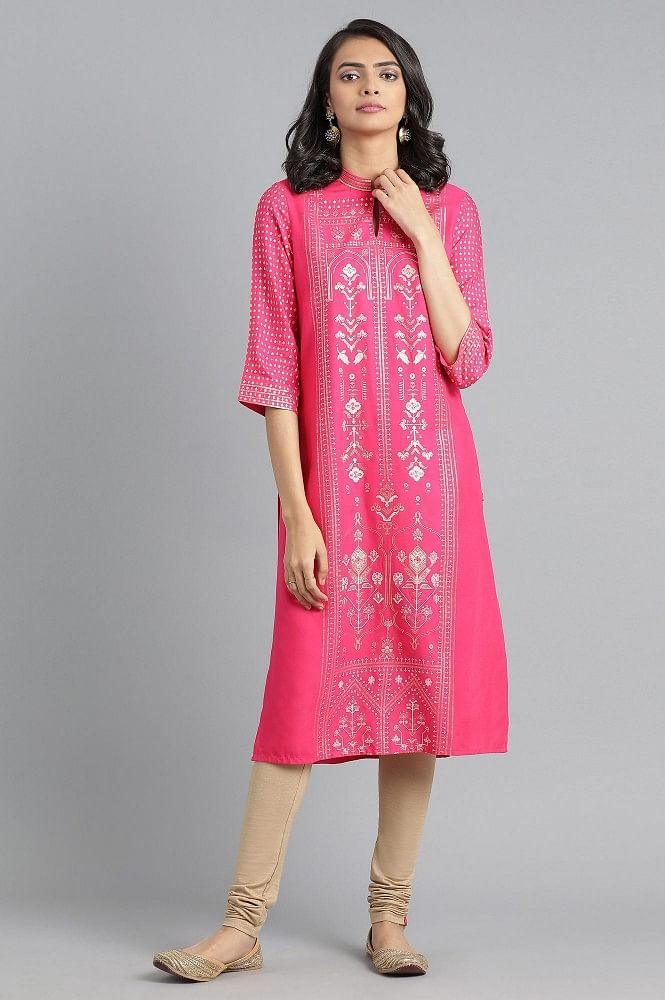 Pink Mandarin Neck Printed kurta - wforwoman