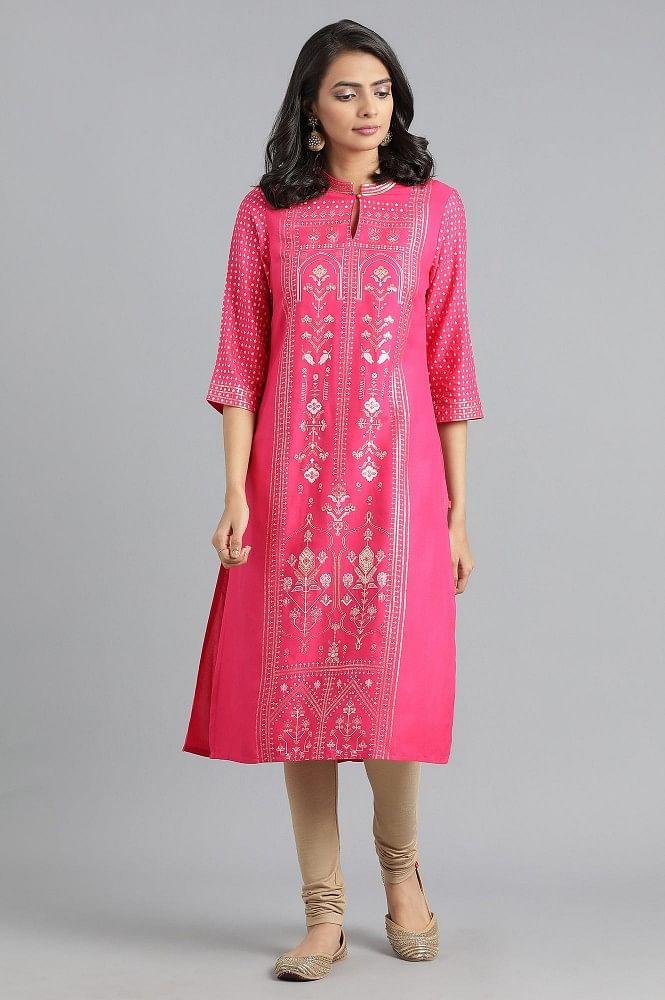 Pink Mandarin Neck Printed kurta - wforwoman