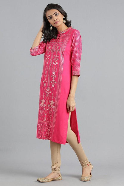 Pink Mandarin Neck Printed kurta - wforwoman