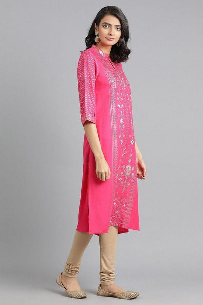 Pink Mandarin Neck Printed kurta - wforwoman