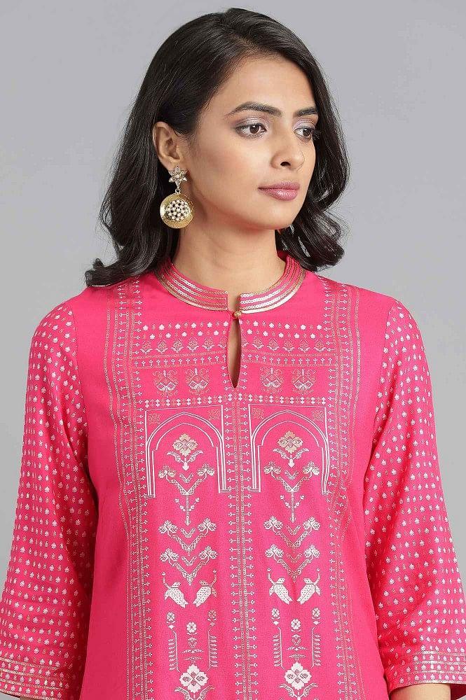 Pink Mandarin Neck Printed kurta - wforwoman