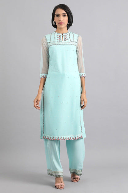 Blue Mandarin Neck Layered kurta - wforwoman