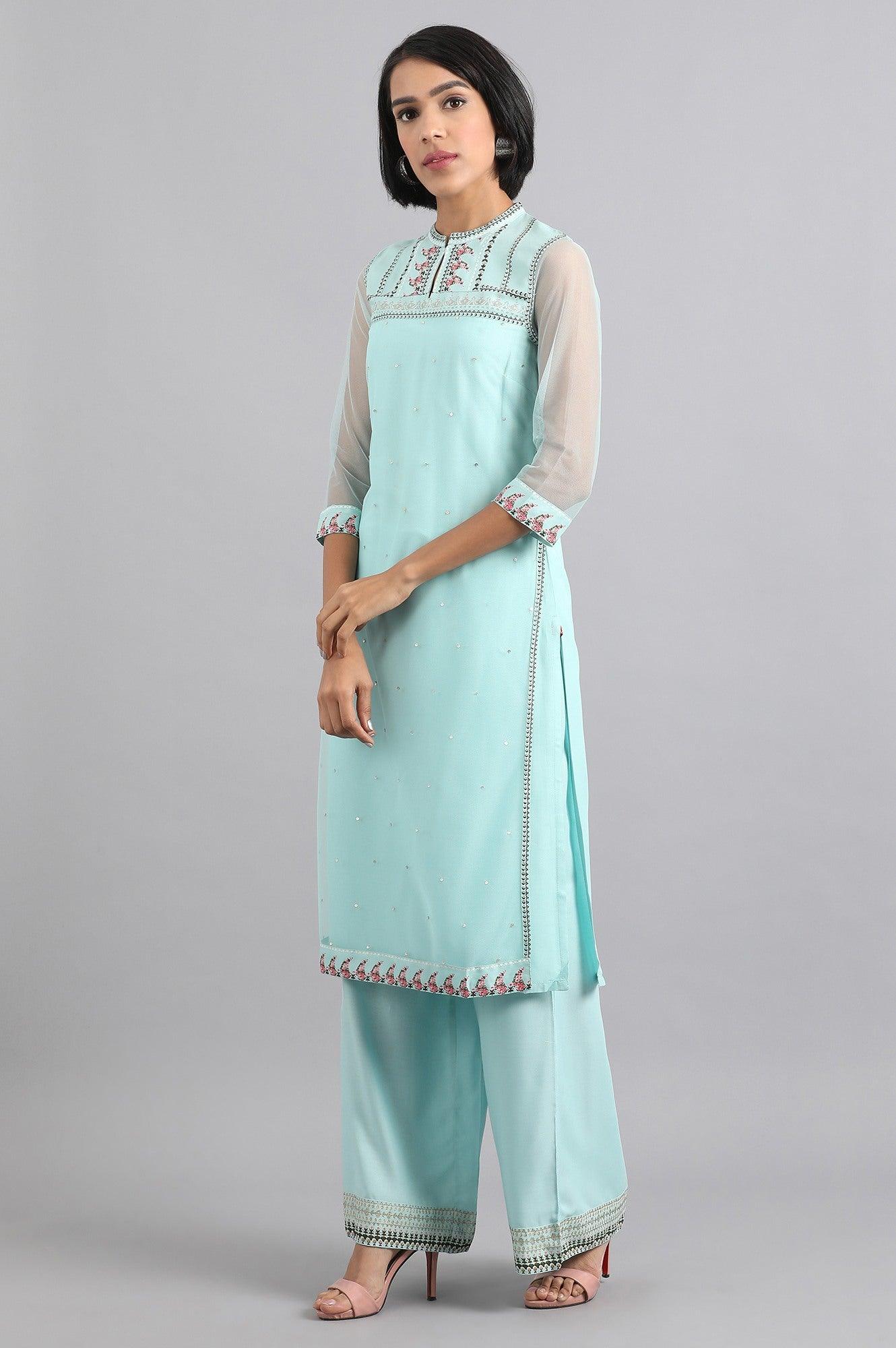 Blue Mandarin Neck Layered kurta - wforwoman