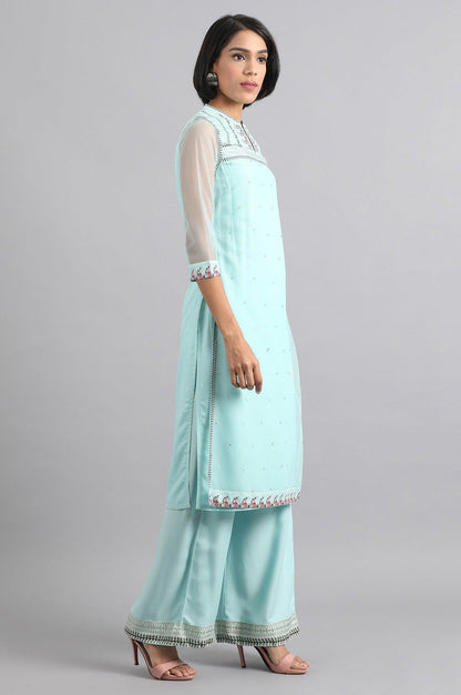 Blue Mandarin Neck Layered kurta - wforwoman