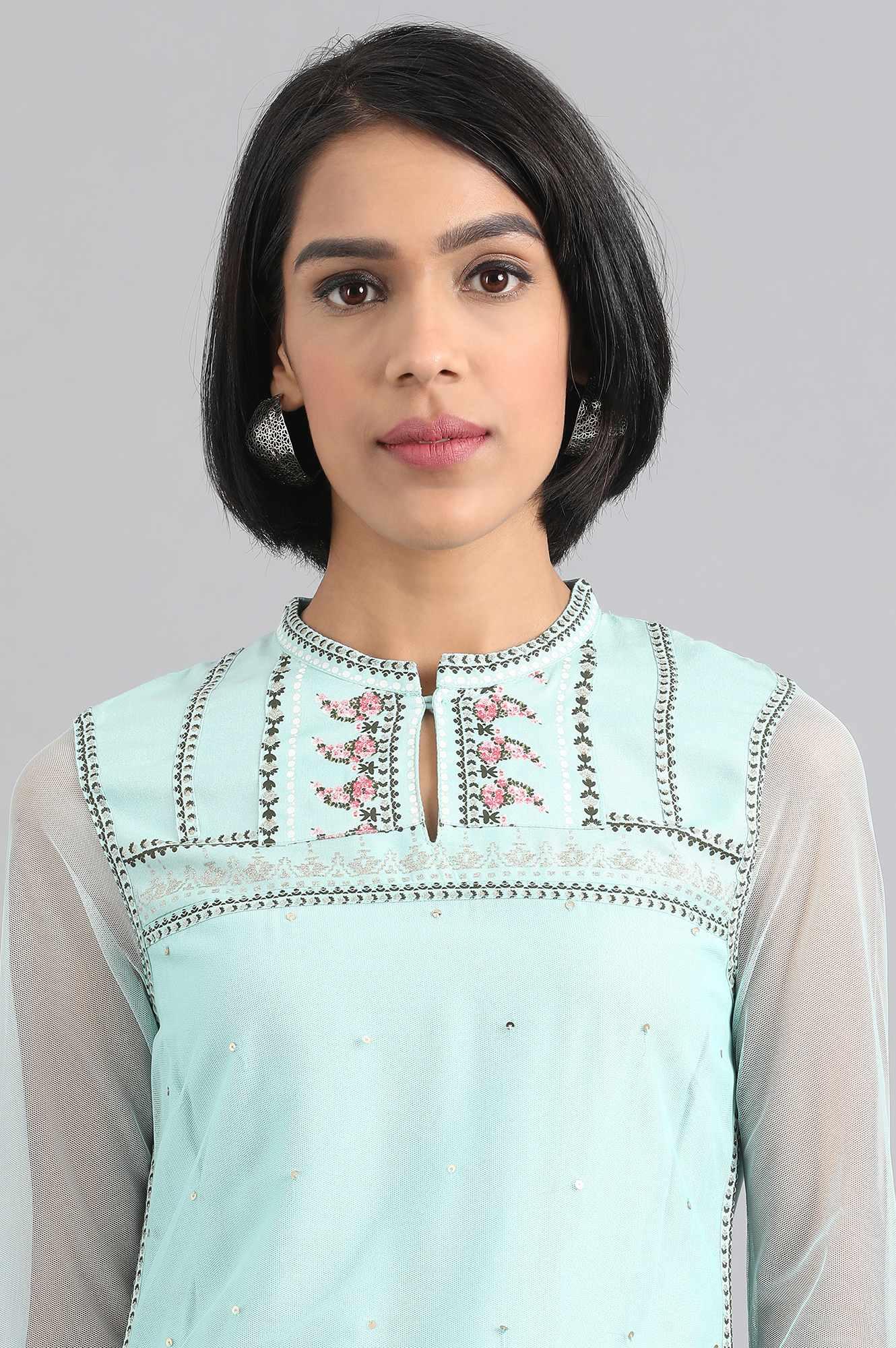 Blue Mandarin Neck Layered kurta - wforwoman