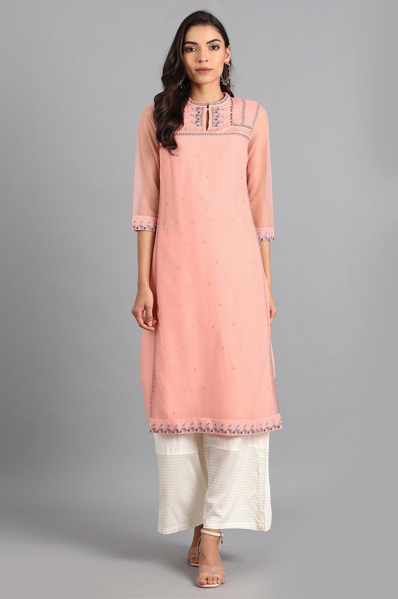 Peach Mandarin Neck Layered kurta - wforwoman