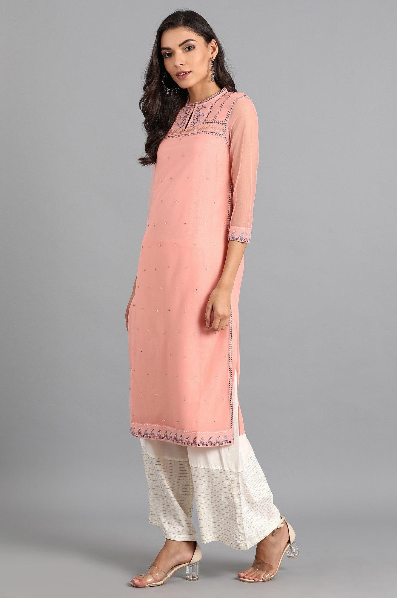 Peach Mandarin Neck Layered kurta - wforwoman