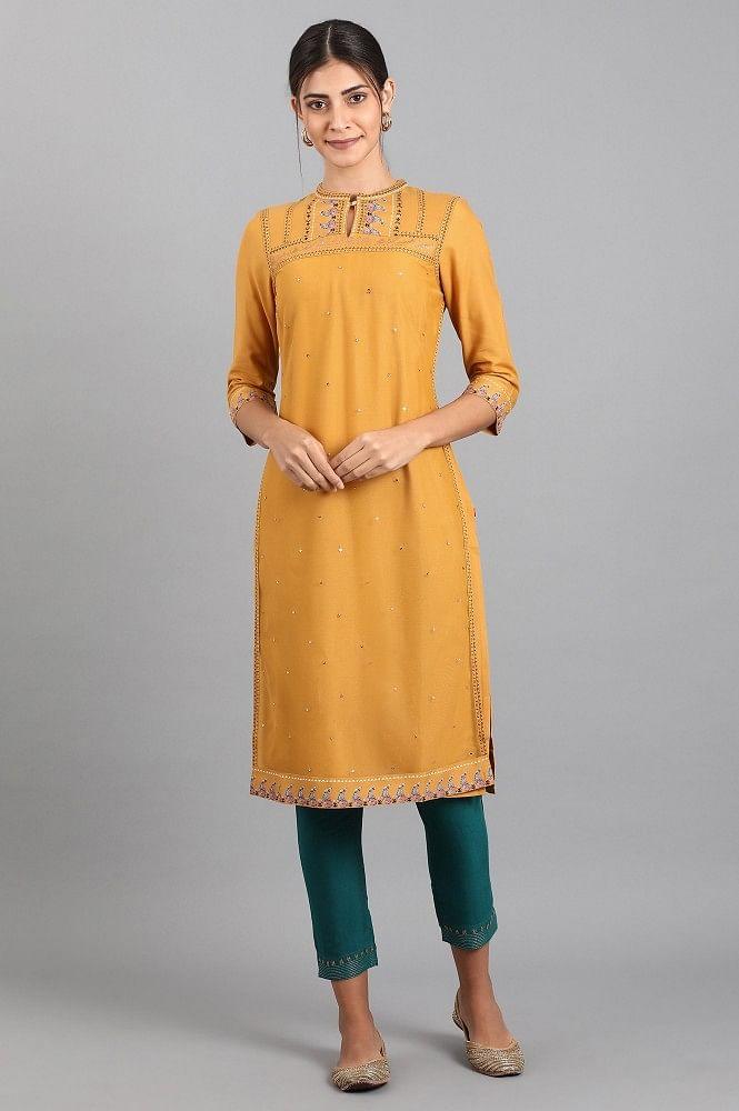 Mustard Mandarin Neck Embellished kurta - wforwoman