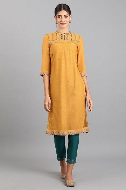 Mustard Mandarin Neck Embellished kurta - wforwoman