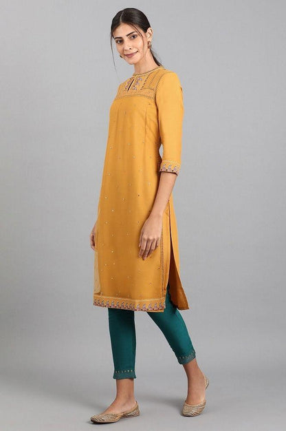 Mustard Mandarin Neck Embellished kurta - wforwoman