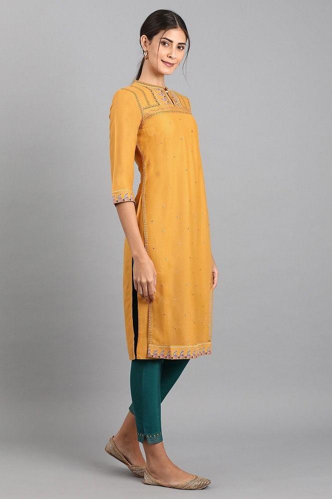 Mustard Mandarin Neck Embellished kurta - wforwoman