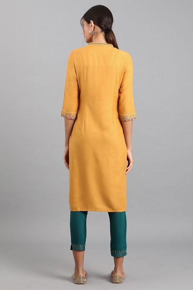 Mustard Mandarin Neck Embellished kurta - wforwoman