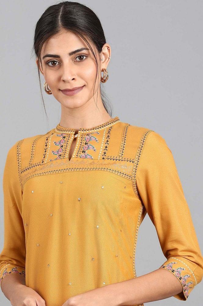 Mustard Mandarin Neck Embellished kurta - wforwoman