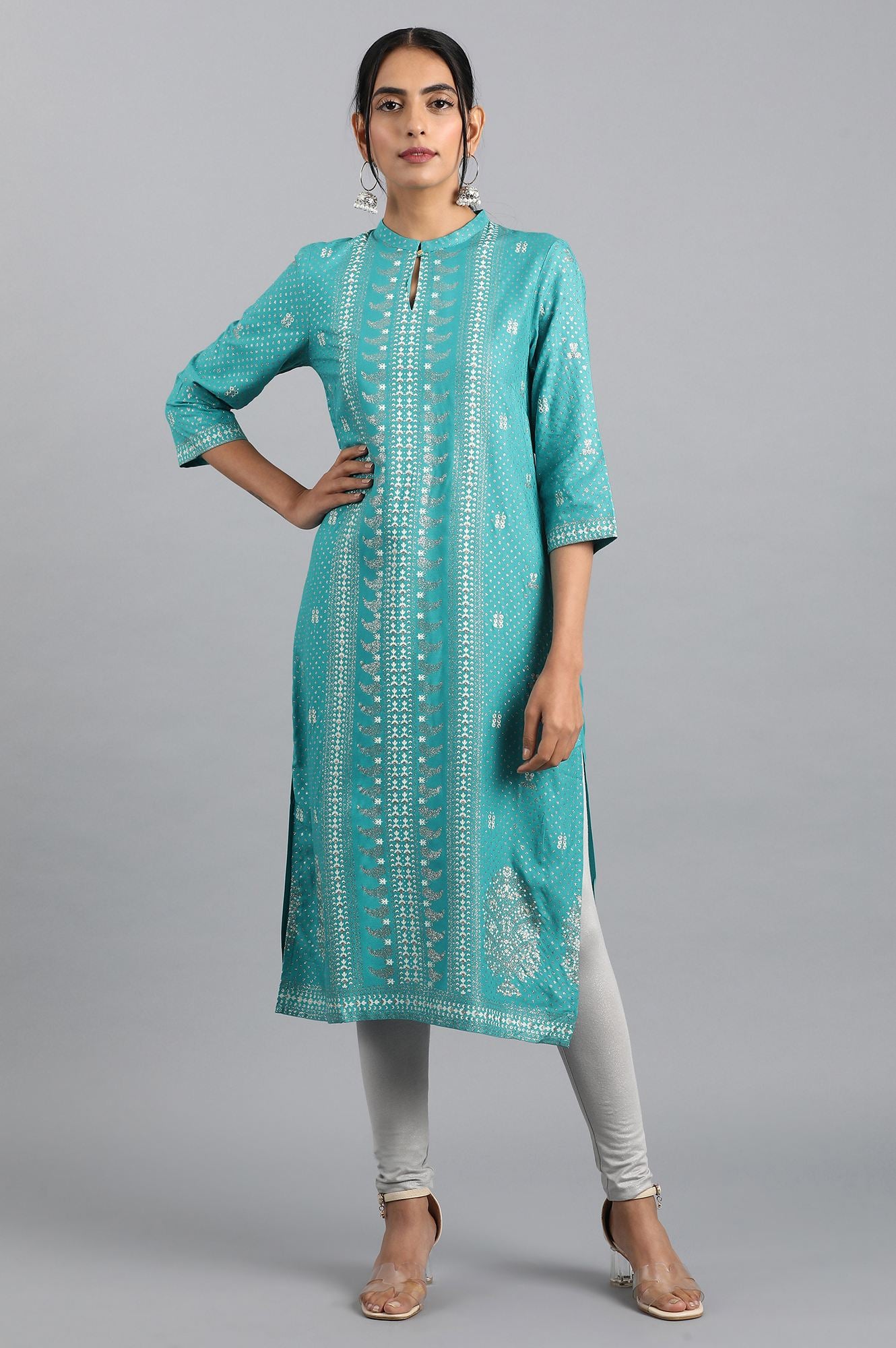 Blue Glitter Print Kurta In Keyhole Neckline