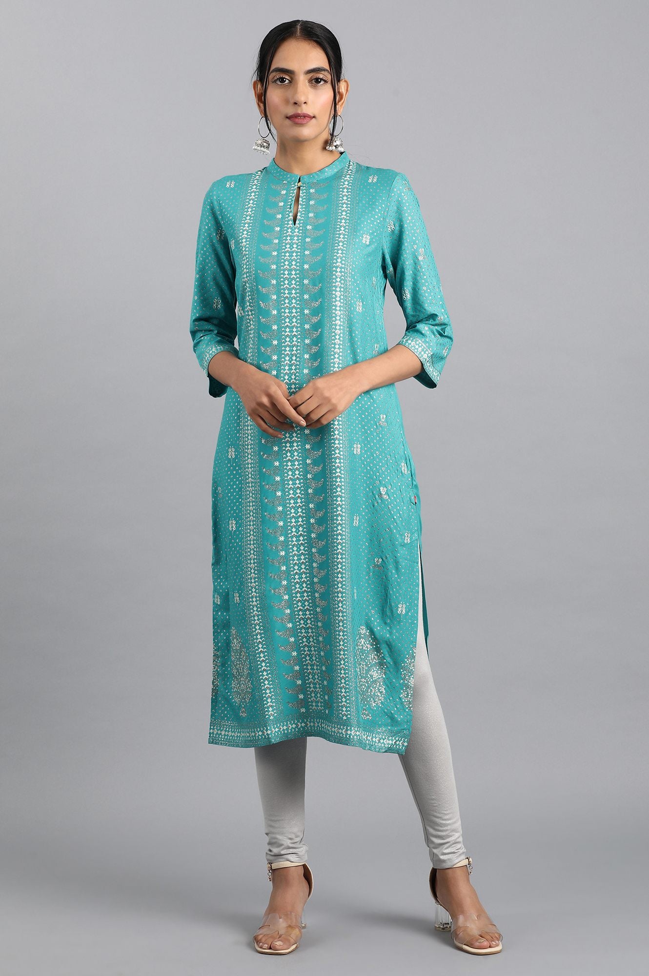 Blue Glitter Print Kurta In Keyhole Neckline