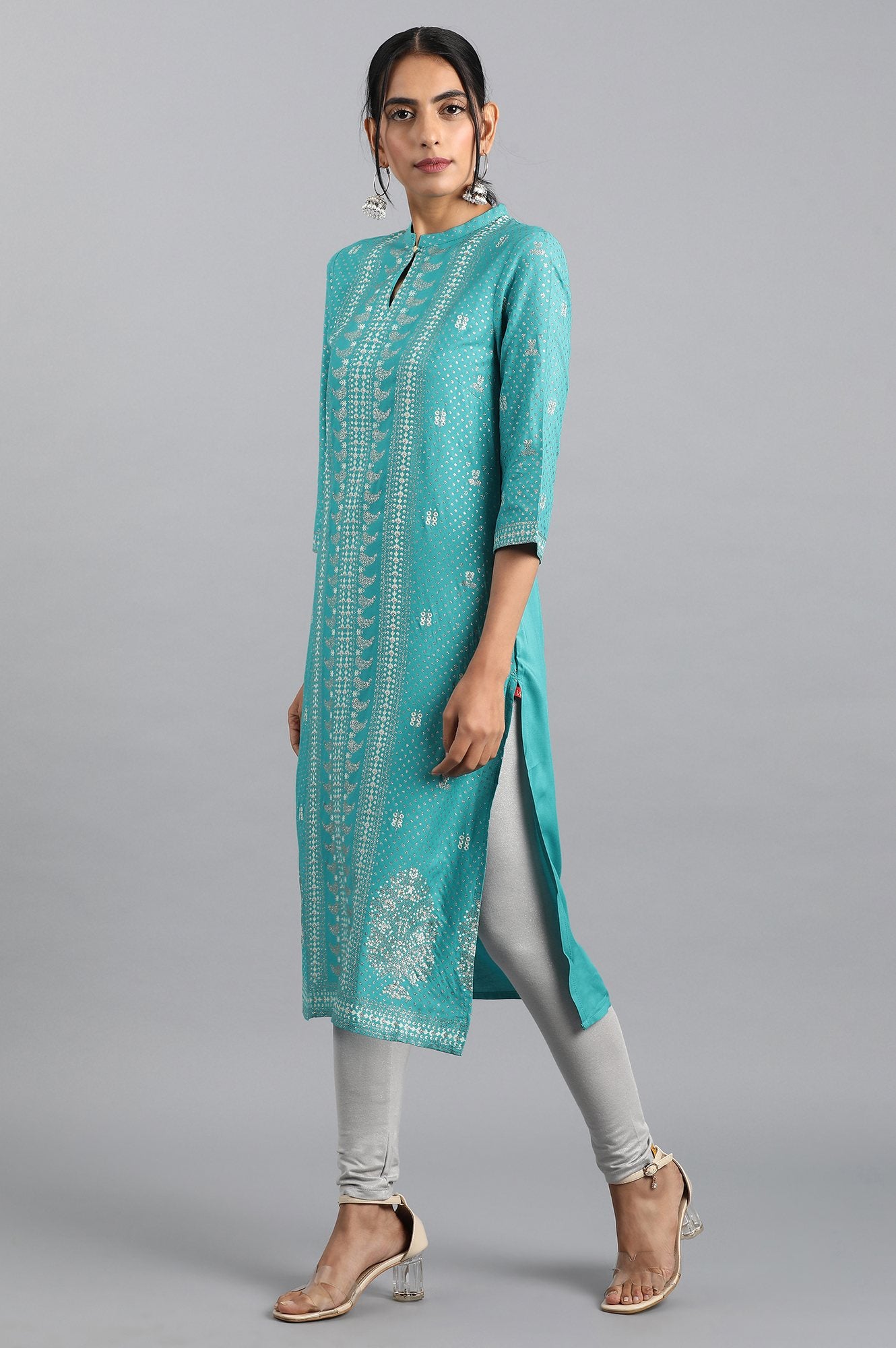 Blue Glitter Print Kurta In Keyhole Neckline