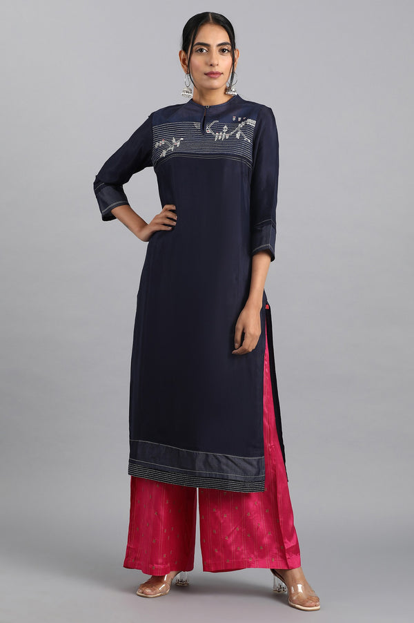 Blue Round Neck Embroidered kurta
