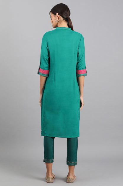 Teal Mandarin Neck Embroidered kurta