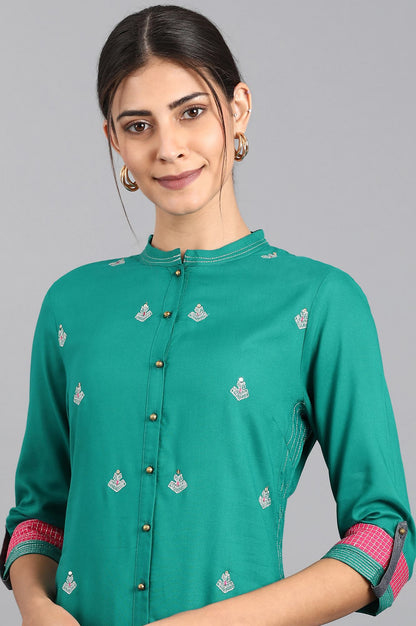 Teal Mandarin Neck Embroidered kurta