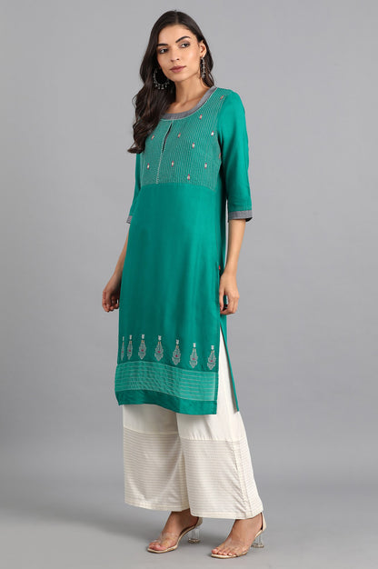 Green Round Neck Embroidered kurta