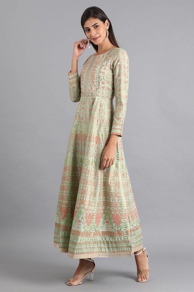 Green Round Neck Printed Dress - wforwoman