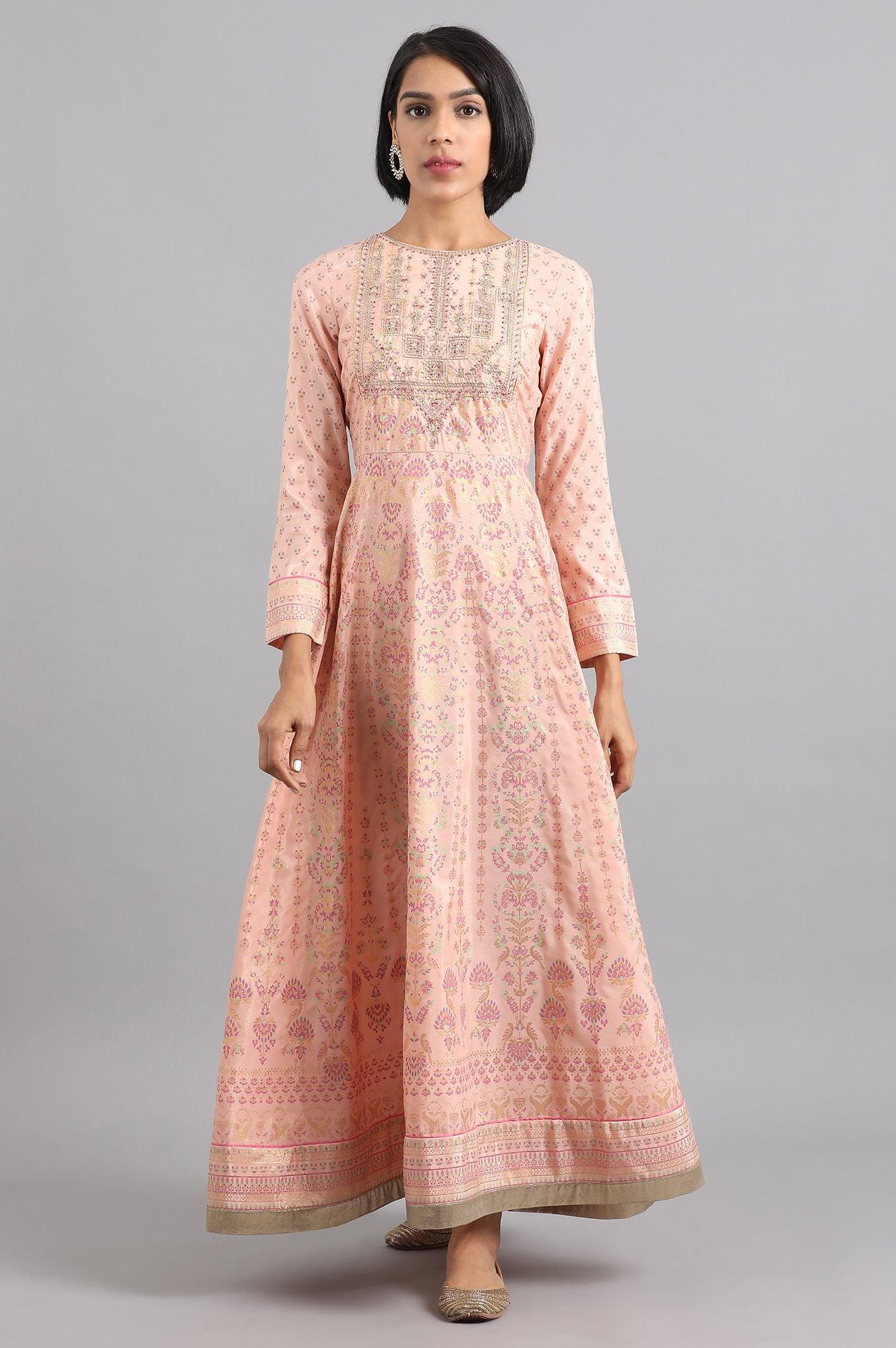 Pink Round Neck Embroidered Dress - wforwoman