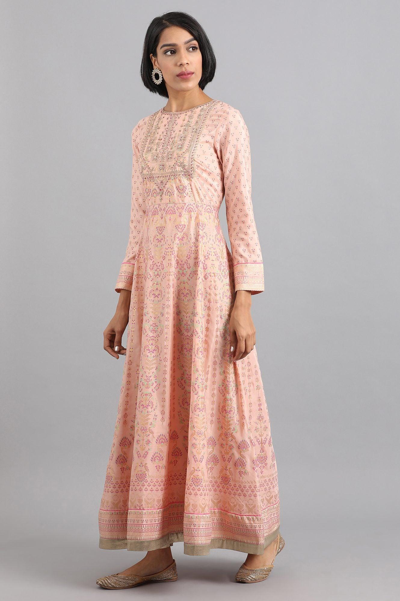 Pink Round Neck Embroidered Dress - wforwoman