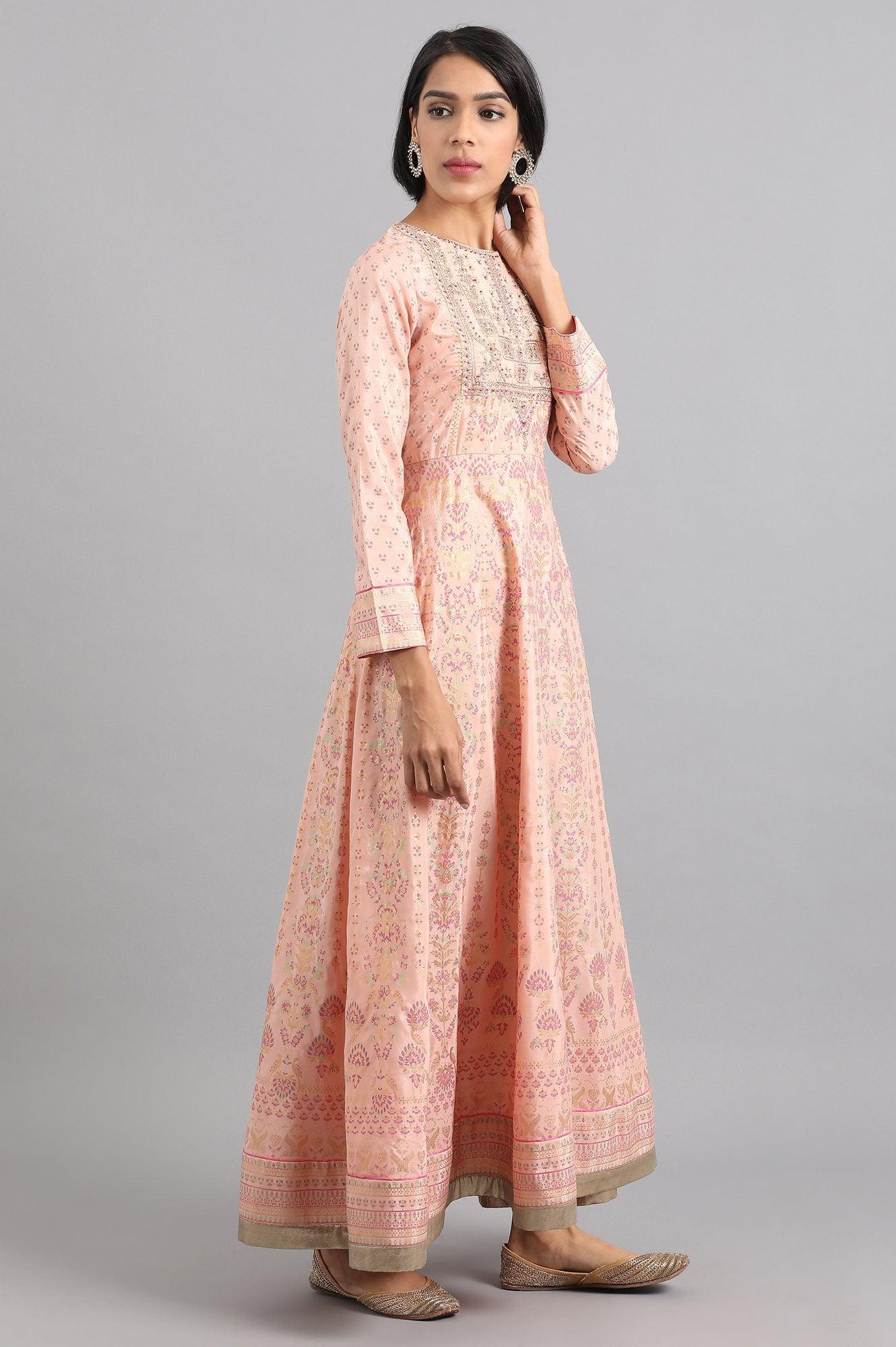 Pink Round Neck Embroidered Dress - wforwoman