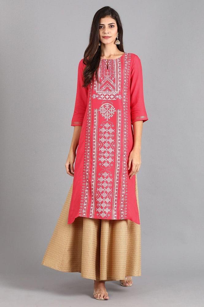 Pink Round Neck Printed kurta - wforwoman