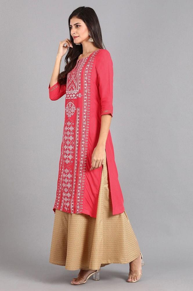 Pink Round Neck Printed kurta - wforwoman