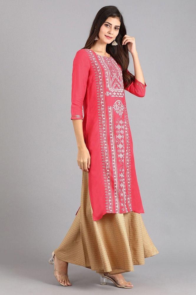 Pink Round Neck Printed kurta - wforwoman