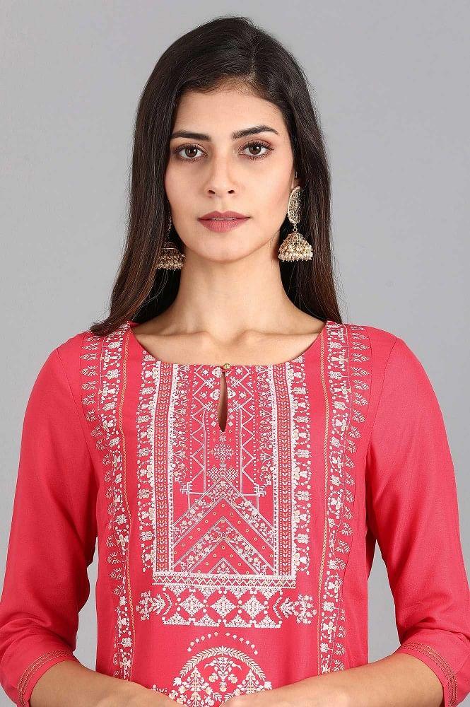 Pink Round Neck Printed kurta - wforwoman