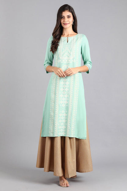 Green Round Neck Printed kurta - wforwoman