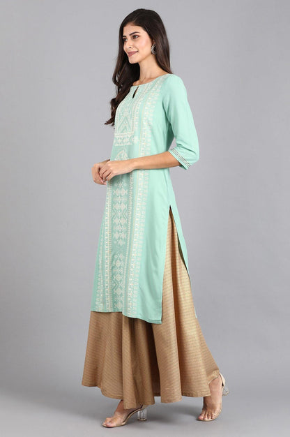 Green Round Neck Printed kurta - wforwoman