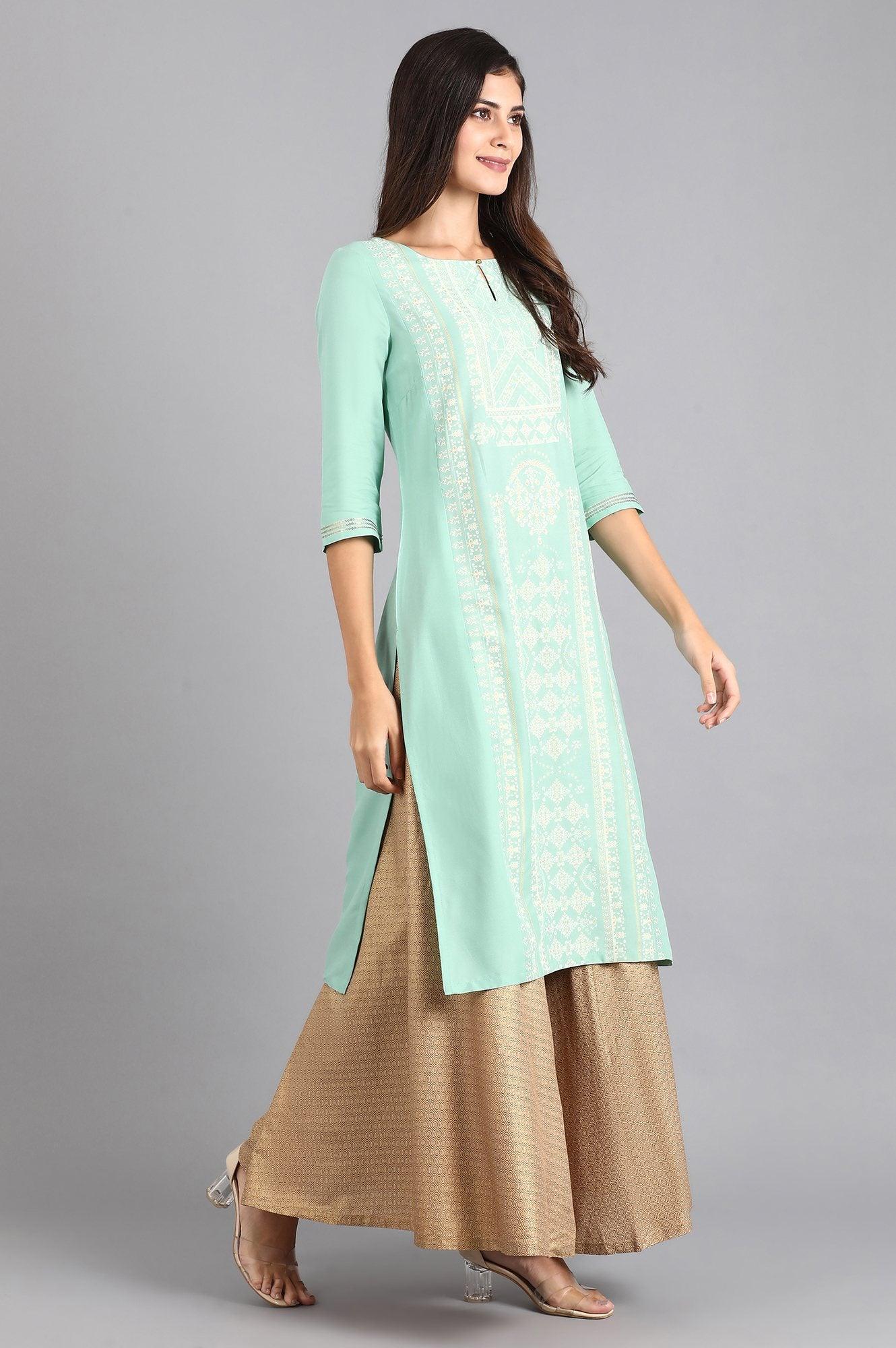 Green Round Neck Printed kurta - wforwoman