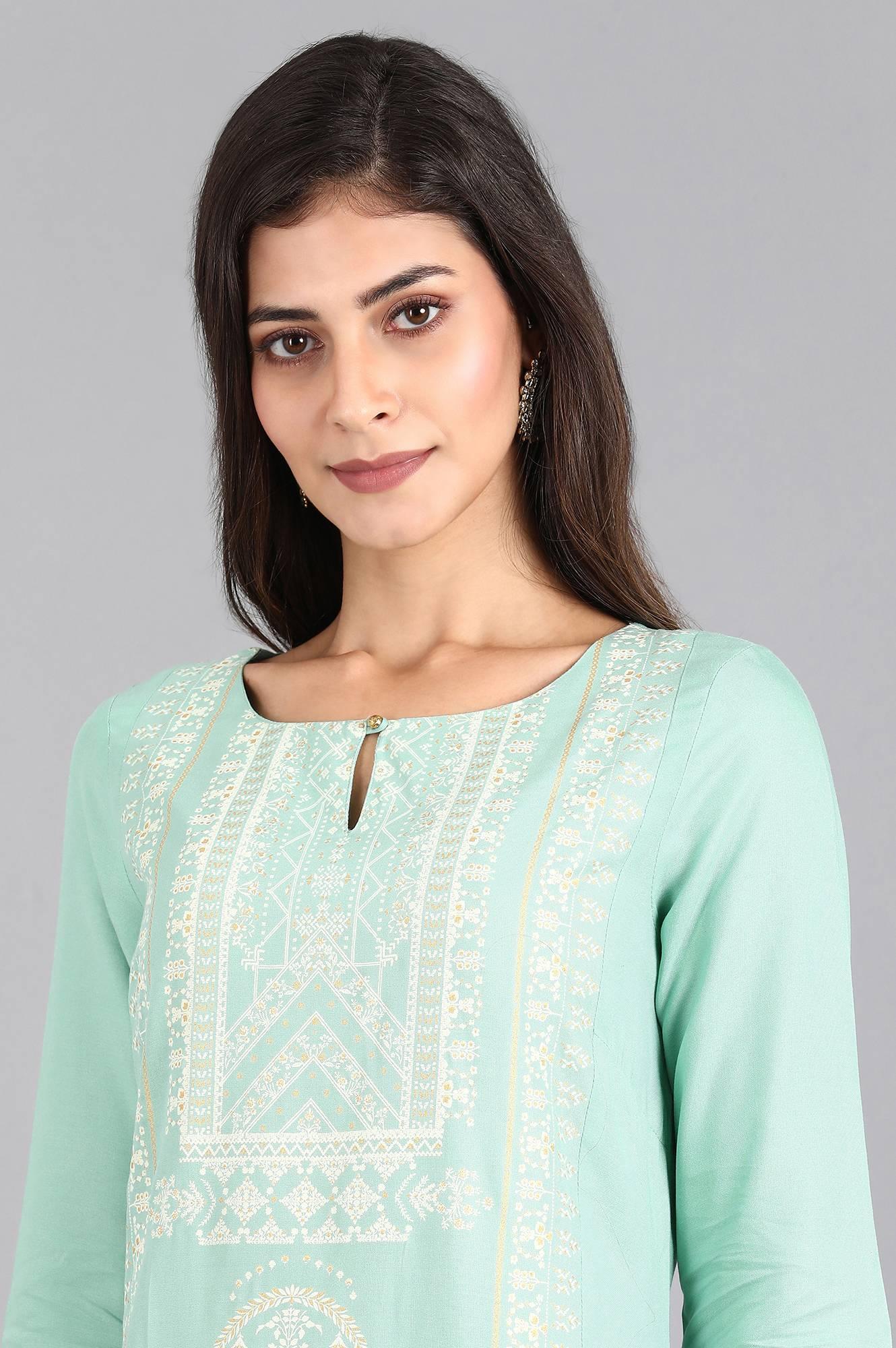 Green Round Neck Printed kurta - wforwoman