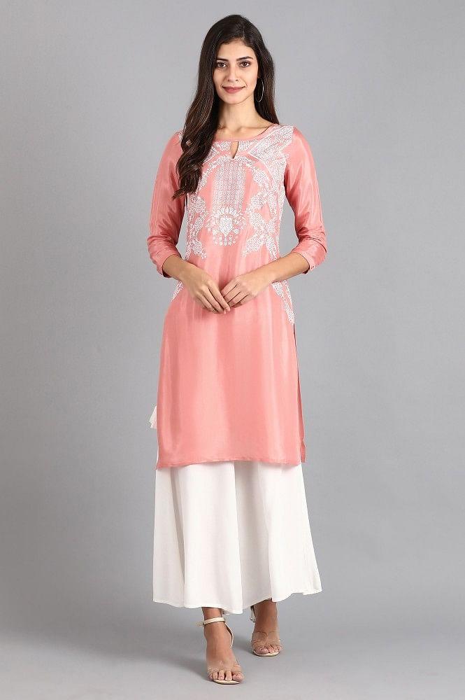 Pink Round Neck Printed kurta - wforwoman