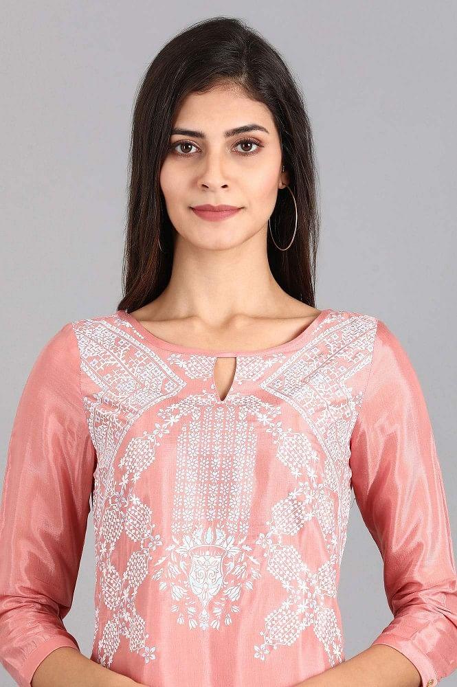 Pink Round Neck Printed kurta - wforwoman