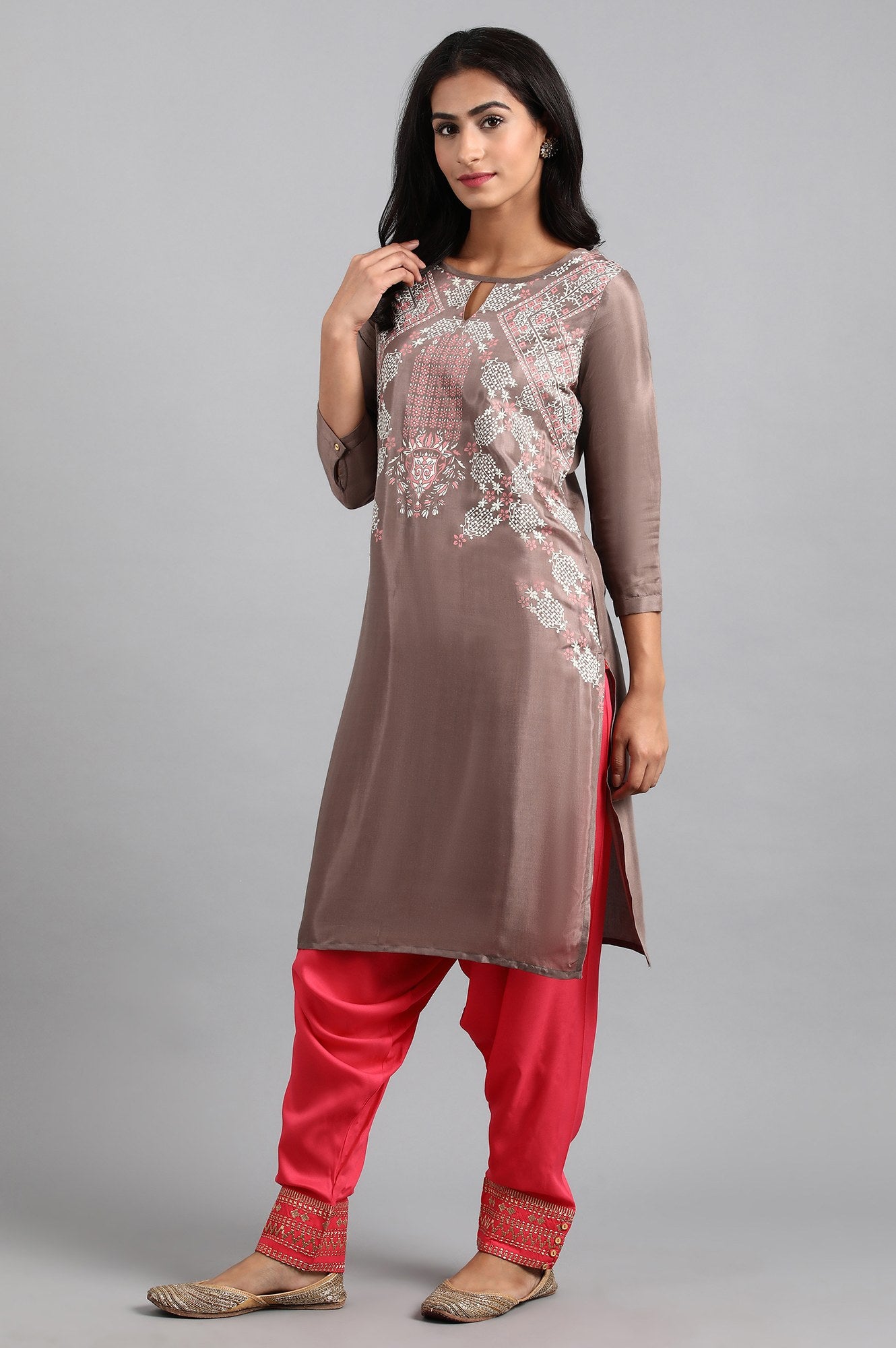 Grey Round Neck Printed kurta